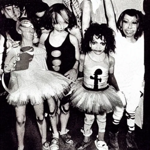 Prompt: Alien from the Alien movies wearing a tutu at his birthday party, nostalgic 90's photo