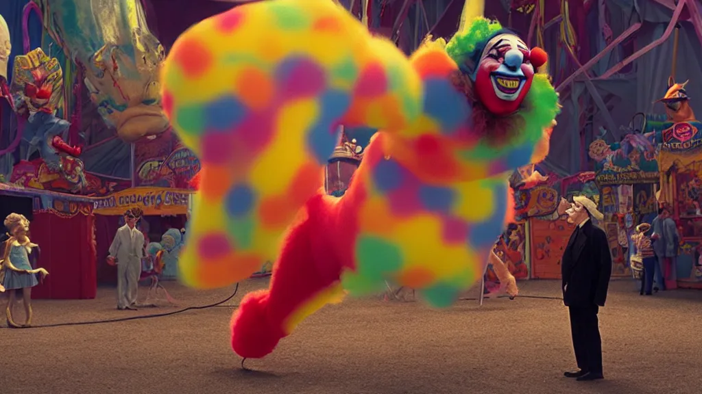 Prompt: the 5 0 foot clown at the fair, film still from the movie directed by denis villeneuve and david cronenberg with art direction by salvador dali and dr. seuss