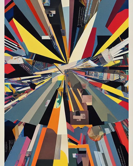 Prompt: A mid-century modern artistic collage, made of random geometric segments cut from fashion magazines, science magazines, and textbooks, of 2001: A Space Odyssey film poster. 1968