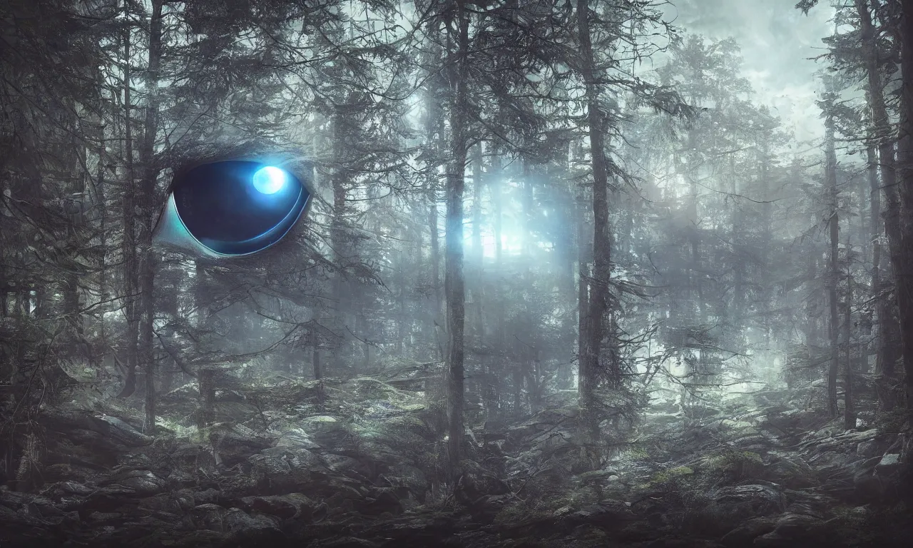 Image similar to Glowing Sauron Eye at Finnish forest lake, futuristic, cyberpunk, highly detailed, photorealistic, sharp focus, cinematic composition, cinematic lighting, detailed