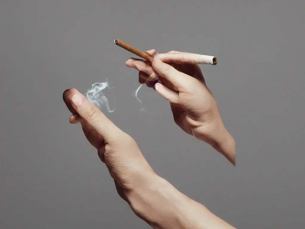 Image similar to Close-up view of hyperrealistic thin soft hand holding cigarette with smoke, by Martin Schoeller, hyper realism, 4K