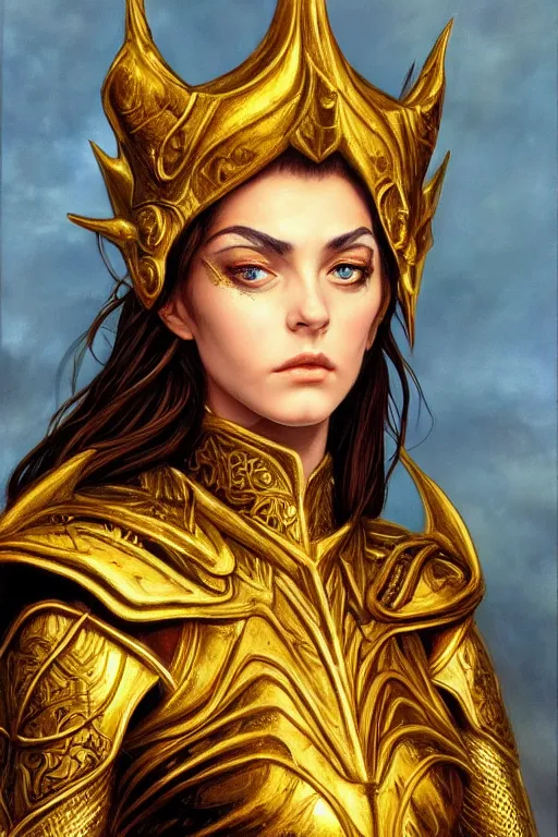 Image similar to high quality extremely detailed closeup portrait of a young gorgeous female warlock looking away from the camera wearing very reflective golden armor, detailed eyes, sparkle in eyes, no hands visible, fantasy, d & d, intricate, painting by lucian freud and mark brooks, hd