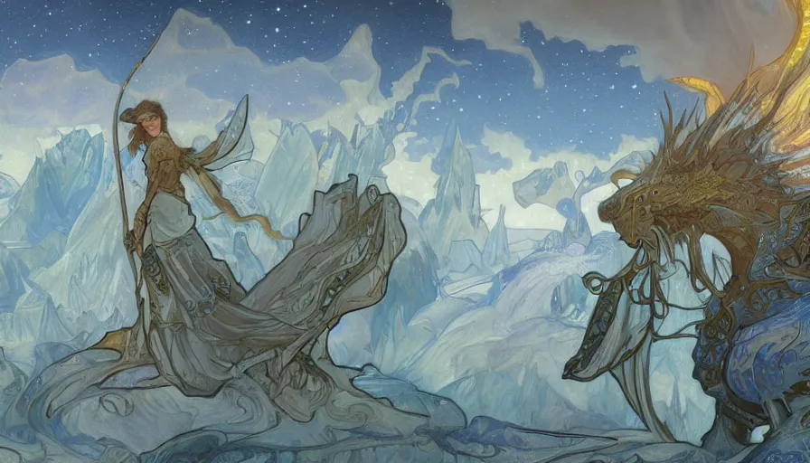 Prompt: epic ice dragon with trendy shapes in a nordic landscape under aurora and stars, set in the words of the Forgotten Realms and Guildwars2, painted by Hans Fredrik Gude, alphonse mucha and Artgerm, concept art 2022, ultra realistic masterpiece