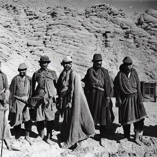 Image similar to ultra detailed photorealistic sepia - toned photo from 1 9 1 7, clean - shaven british soldiers standing with bedouin traders in traditional arab garb, at an archaeological dig site in wadi rum, ultra realistic, painted, intricate details, lovecraft, atmospheric, dark, horror, brooding, highly detailed, by clyde caldwell