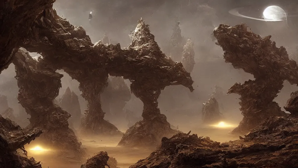 Prompt: eerie atmospheric alien planet by yoann lossel and stephan martiniere, cinematic matte painting