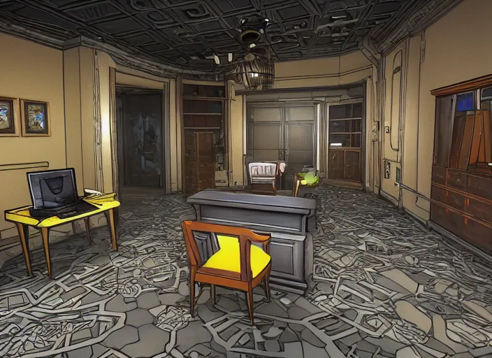 Image similar to kingdom hearts inspired stanley parable office backrooms, creepy but colorful render, intricate detail, castle oblivion, normal workplace office, uhd