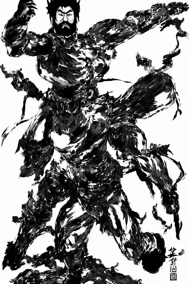 Image similar to a full - body portrait of guan yu, in yoji shinkawa's art style, metal gear solid art style, chinese caligraphy, highly detailed, 4 k, artistic, white background, b & w