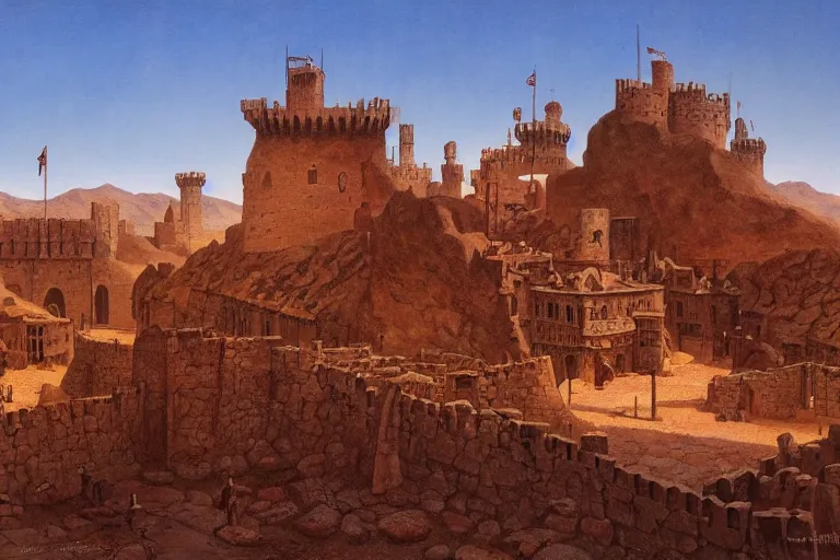 Prompt: a medieval castle town in the middle of the mojave desert, matte painting by james gurney and canaletto and angus mcbride, 8 k concept art