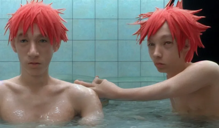 Image similar to The bathtub scene from Gummo, anime, by Hideaki Anno