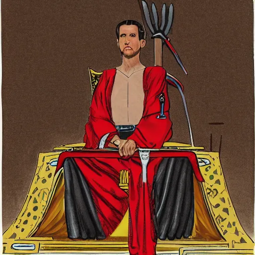 Image similar to modern self portrait of man sitting on throne, legs crossed, while holding a sword, white man, hispanic, brown hair, light skin, golden throne, red robes, 8 k, hi - rez, circles, lamented, clear, brown eyes, colored, sharp, pencil art, illustrated by lee friedlander