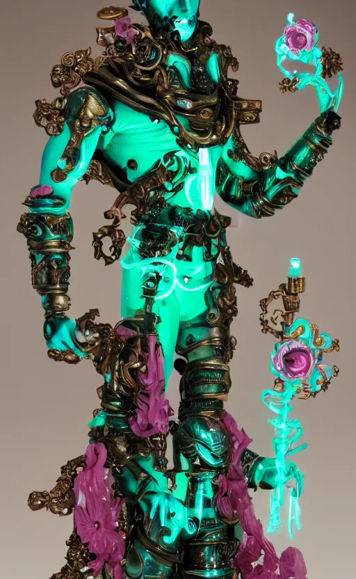 Image similar to a young handsome latino ceramic and pink iron-plated android prince with a large glowing mint crystal in the center of his chest, full-body bronze cyberpunk style statue of Andromeda with glowing green laser eyes, crown of mechanical chrysanthemums, flowing aqua silk, fabric, steampunk flowers. baroque elements, human hands. full-length view. baroque element. intricate artwork by caravaggio. many flying horses on background. Trending on artstation, octane render, cinematic lighting from the right, hyper realism, octane render, 8k, depth of field, 3D