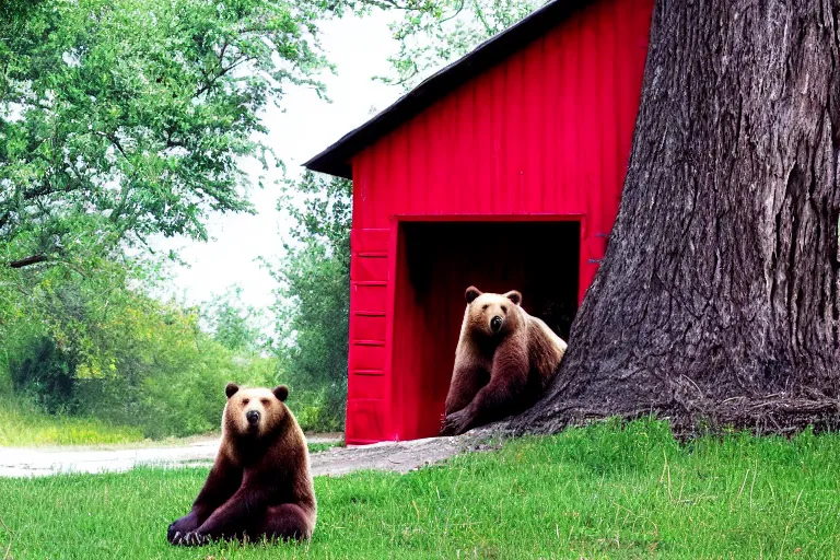 Image similar to grizzly wearing a red shirt sitting outside big tree with a red door by Roger Deakins