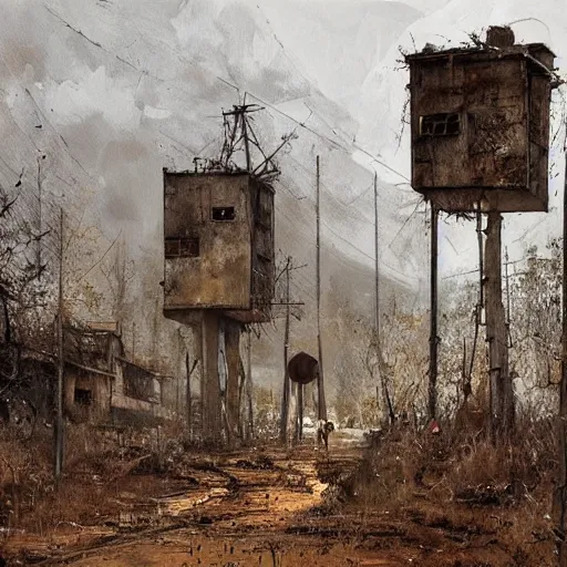 Image similar to painting of a abandoned post soviet town infested with humanoid root monsters by jakub rozalski