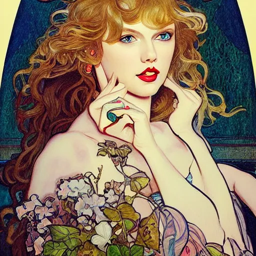 Prompt: romantic painted portrait of taylor swift by james jean, mucha, masterpiece