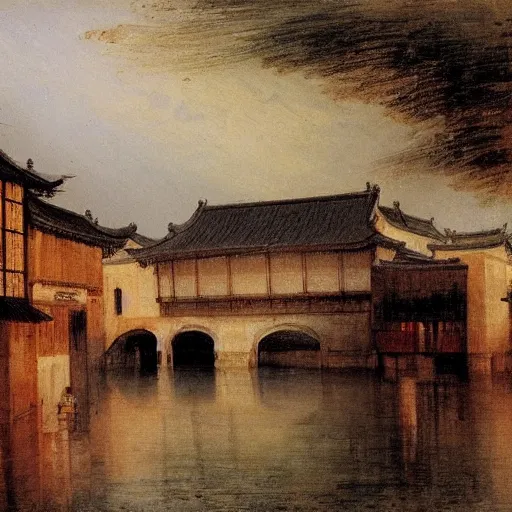 Prompt: wuzhen of china impressionism style by j. m. w. turner, c. 1 8 2 7