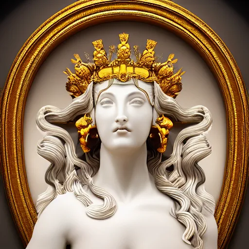 Prompt: side portrait of a goddes in the form of a greek sculpture in marble, with a gold crown, baroque elements, museum. photorealistic. colorful details. flash. intricate artwork by miguel angel. octane render. cinematic. 4 k. bokeh.