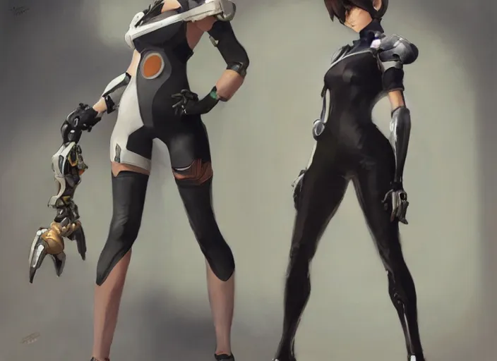 Prompt: a highly detailed beautiful portrait of tracer from overwatch as 2 b nier automata wearing a skintight suit, concept art, by gregory manchess, james gurney, james jean