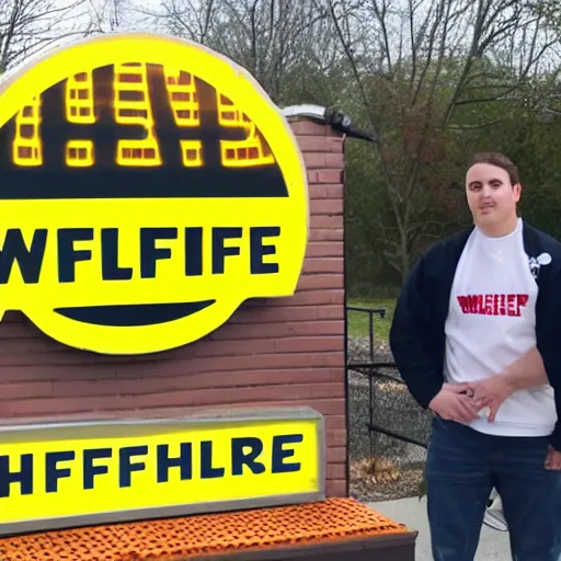 Image similar to wafflehouse employee's standing below wafflehouse sign