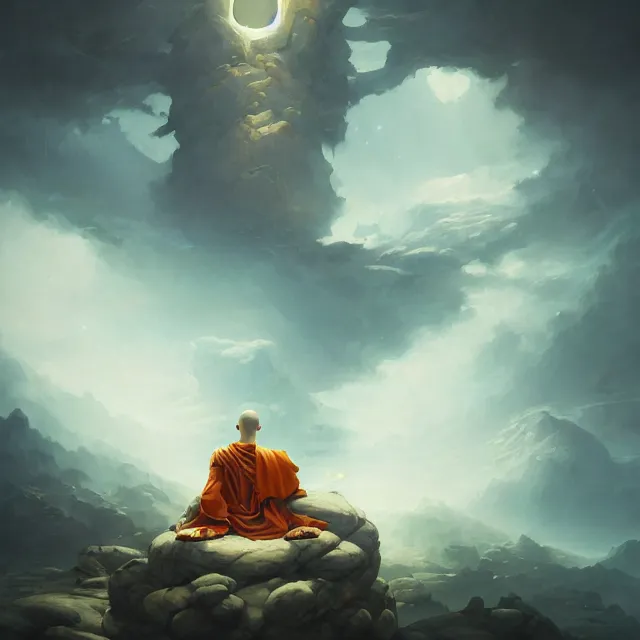 Image similar to in the style of peter mohrbacher, a glowing monk floating and meditating on a rock, dystopian landscape, intricate, masterpiece, award winning, fantasy, hyperrealism intricate