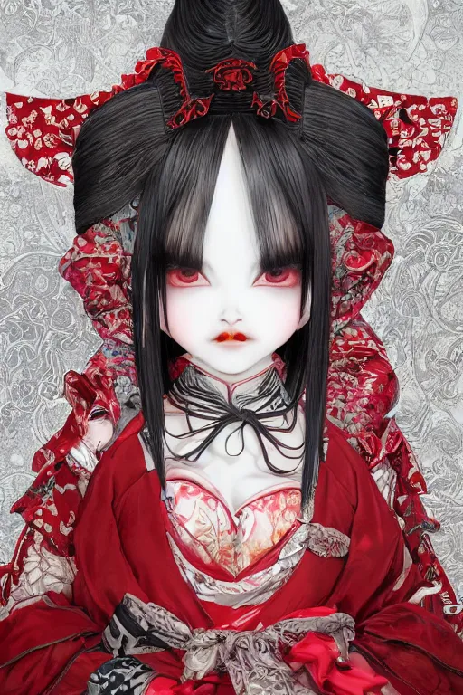 Prompt: high angle photo an avant - garde japanese bjd geisha vampire queen in a victorian lolita fashion red dress in the style of lovecraftian horror painted by yoshitaka amano, takato yamamoto, ayami kojima, dmt art, symmetrical vogue face portrait, intricate detail, artstation, cgsociety, artgerm, rococo