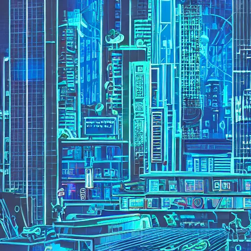 Image similar to a cyberpunk city, exceedingly blue, very very blue, seedy, busy, traffic