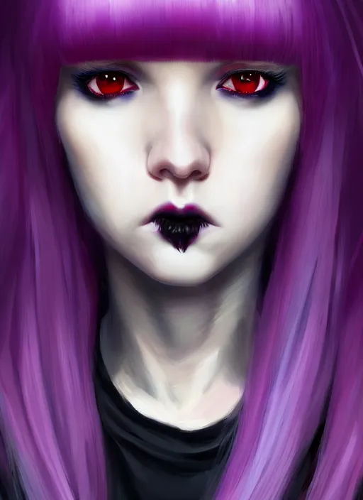 Image similar to portrait of white teenage girl, normal face, white bangs, mall goth, cyberlox, black and white hair, bangs, fluffy bangs, red contact lenses, purple lipstick, intricate, elegant, highly detailed, digital painting, artstation, concept art, sharp focus, smooth, illustration, art by wlop, mars ravelo and greg rutkowski