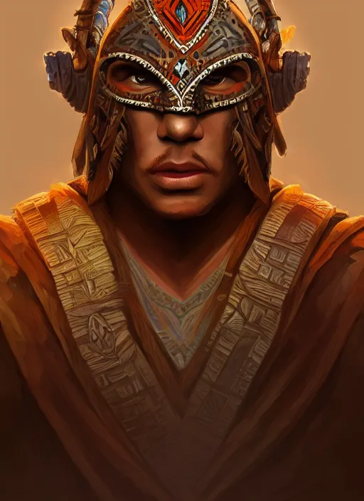 Image similar to a highly detailed illustration of tribal masked aztec warrior wearing brown robe, heroic fist pose, muscular, intricate, elegant, highly detailed, centered, digital painting, artstation, concept art, smooth, sharp focus, league of legends concept art, wlop.