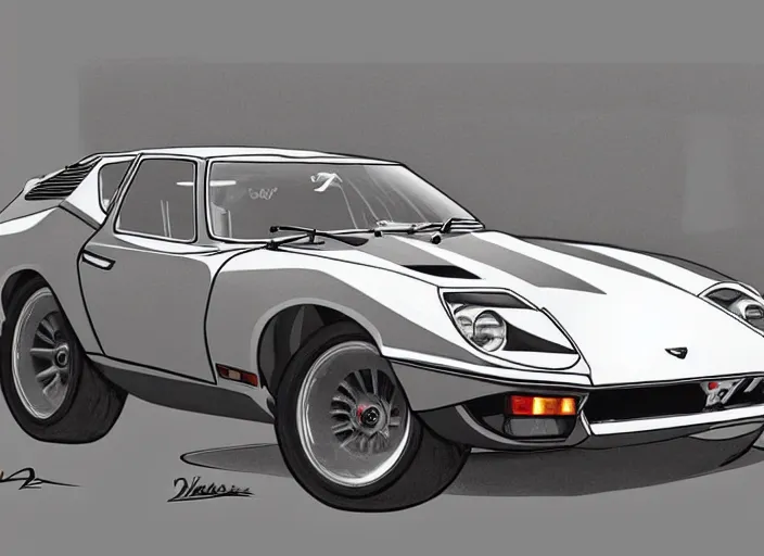 Image similar to a blending, amalgamation and detailed combination of a lamborghini countach, datsun 2 6 0 z and a jaguar e - type, concept art, round headlights, 8 k, highly detailed, trending on art station