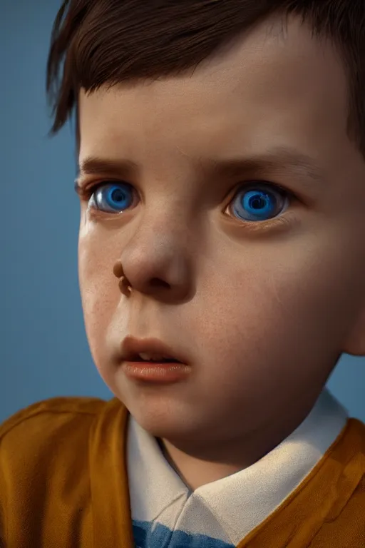 Image similar to hyperrealistic little boy close - up portrait, the portrait is decorated with art deco patterns, hyperrealistic, volumetric lighting, ultra detailed, elegant, octane render, blue and gold, 8 k, trending on artstation, unreal engine