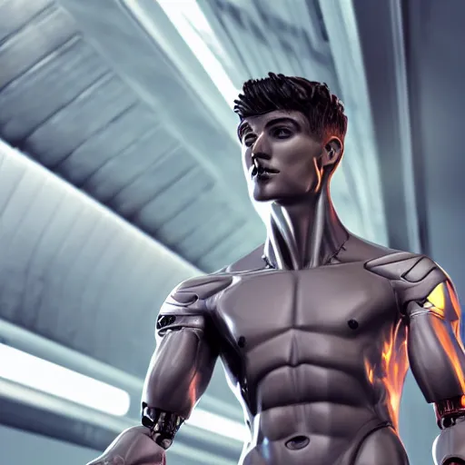 Image similar to a realistic detailed photo of a guy who is an attractive humanoid who is half robot and half humanoid, who is a male android, attractive and handsome soccer players, shiny skin, posing like a statue, blank stare, in a factory, on display, showing off his muscles, wearing soccer shorts, side view, looking at each other mindlessly