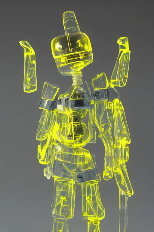 Prompt: a intricate anime figurine that looks like a transparent plastic anime robot with fluo colored details covered in yellow smoke, moody light, flemish painting