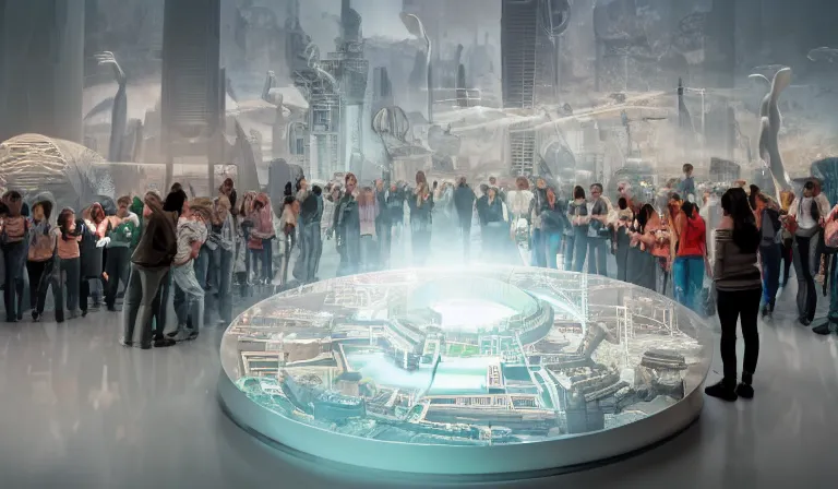 Prompt: crowd of people in simple white museum, looking at hologram of futuristic city on a table, cinematic concept art, godrays, golden hour, natural sunlight, 4 k, clear details, tabletop model buildings, center model buildings, hologram center, crane shot, crane shot, crane shot, white walls