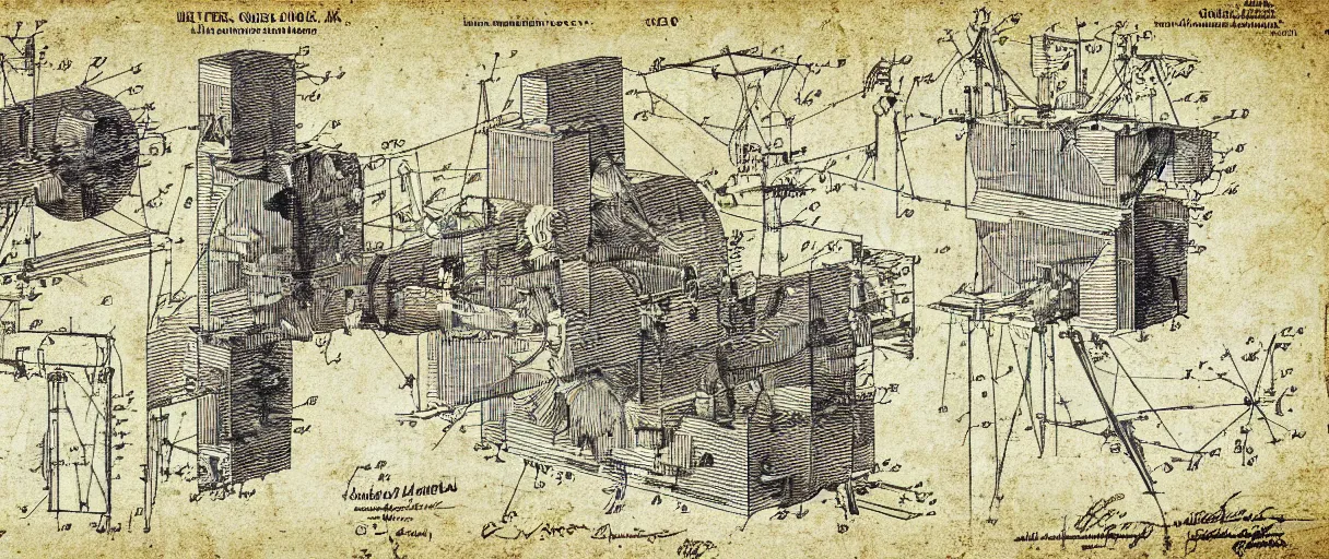 Image similar to a detailed Leonardo DaVinci sketch of a creativity amplification mechanism operated by the human imagination, in the style of a US Patent drawing