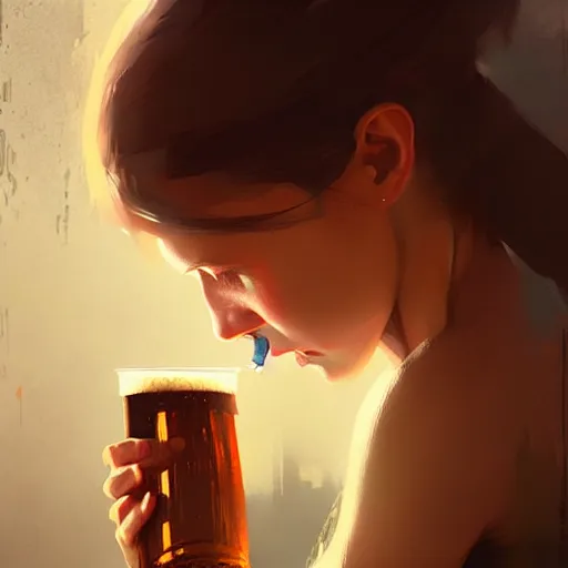 Image similar to a girl drinking beer, detailed digital art by greg rutkowski.