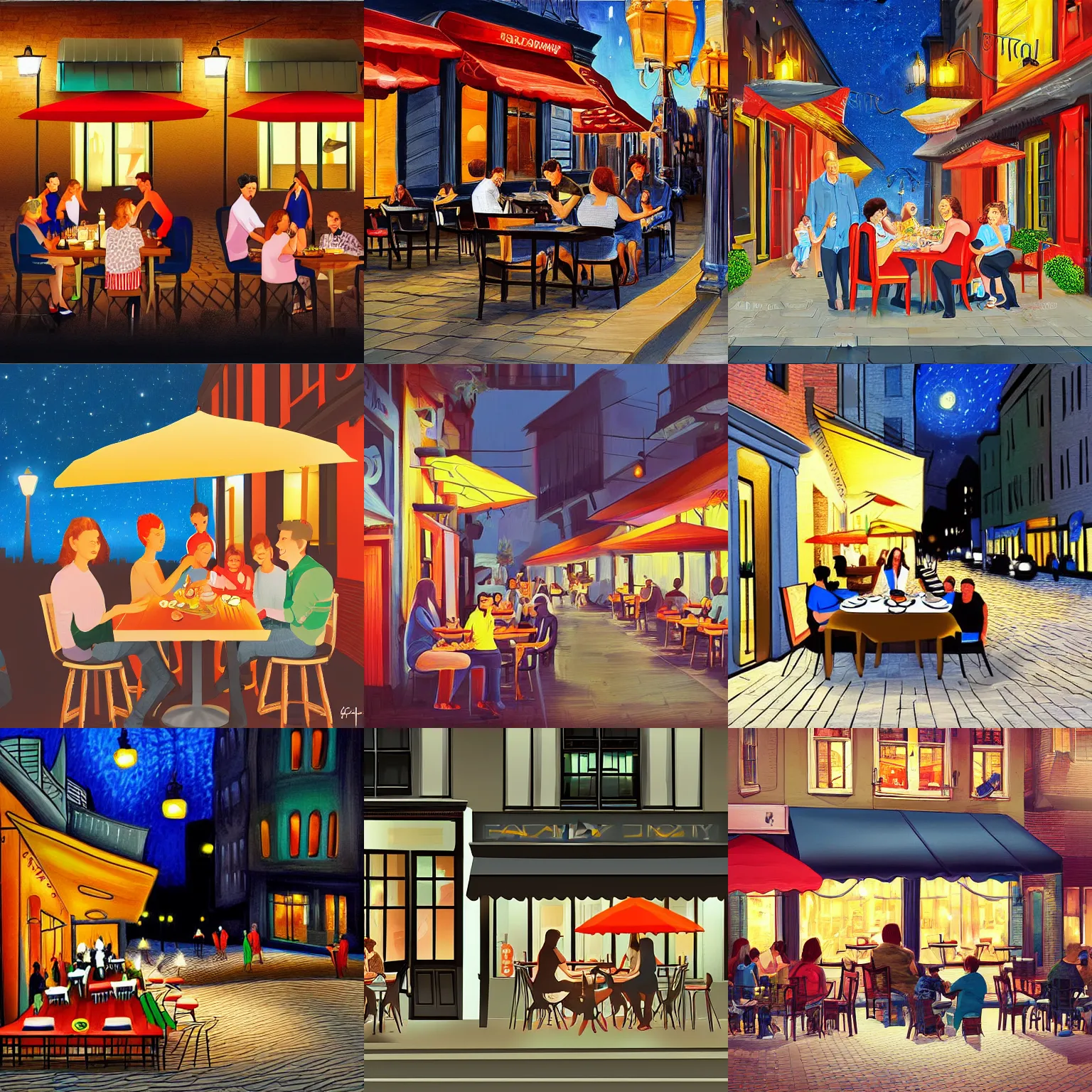 Prompt: family having dinner, outside, at night, at a cafe on the street, city, digital art