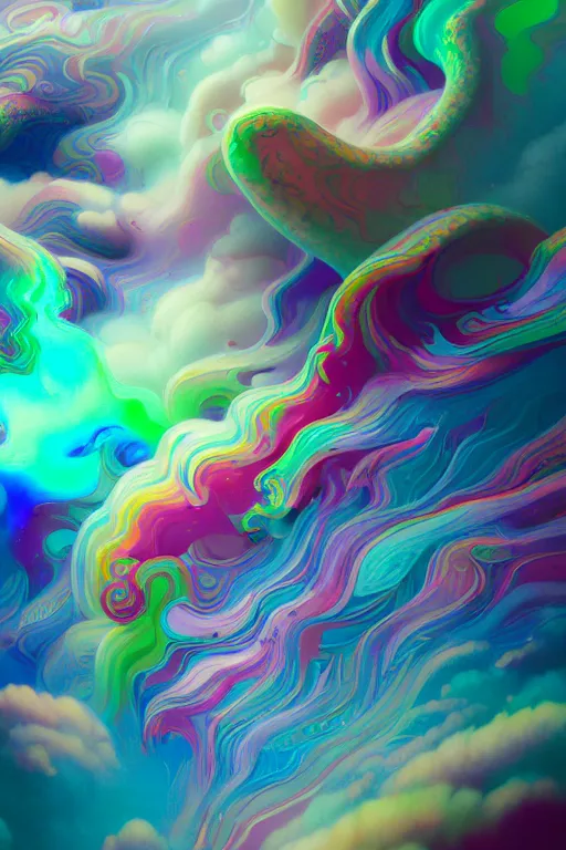 Image similar to colorful liquid smoke and clouds forming detailed faces, extremely colorful psychedelic experience, dmt, psilocybin, lsd, intricate, elegant, highly detailed, digital painting, artstation, smooth, sharp focus, illustration, art by krenz cushart, hana yata, octane render, unreal engine, 8 k