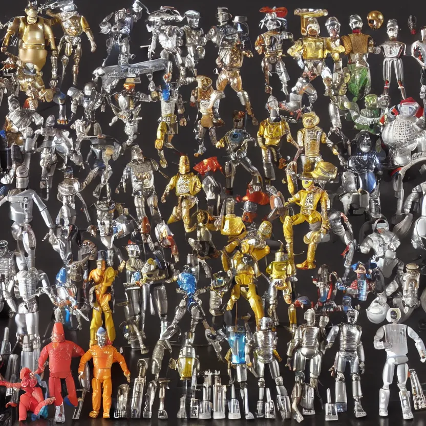 Prompt: a photograph of my collection of action figures of futuristic cyborg tin man from the wiz the movie, happy singing & dancing, 4 k, highly detailed, award winning, look at all that detail!