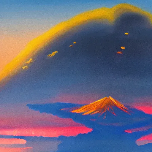 Prompt: a beautiful painting of a volcano erupting during sunset painted from far away by Leigh Wen, 8k