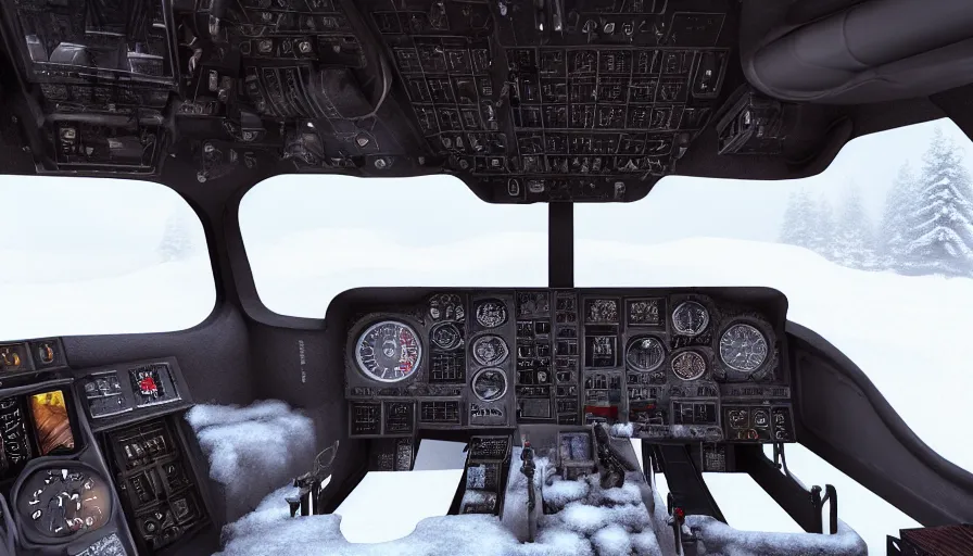 Prompt: spacious warm cozy snowplow interior cockpit, intricate and decorated, winter landscape outside, volumetric lighting, photorealistic rendering, hyperreal