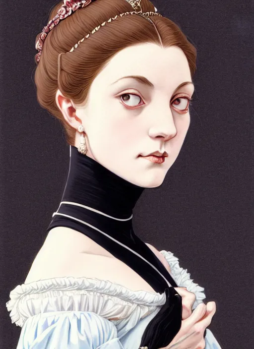 Image similar to 3 / 4 view of a portrait of woman in victorian clothing, confident pose, intricate, elegant, sharp focus, illustration, highly detailed, concept art, matte, trending on artstation, anime, art by james jean and artgerm and brian despain and alberto mielgo, ilya kuvshinov, dramatic lighting, gothic, haunted, art nouveau