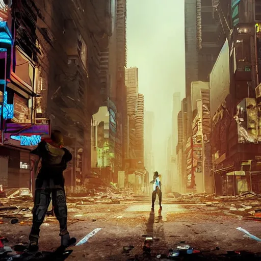 Prompt: the last man standing is on an empty street in an abandoned cyberpunk city