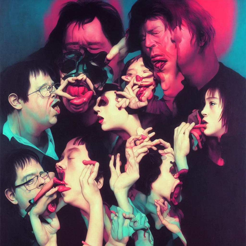 Image similar to weird and disturbing portrait of bill hicks kissing todd solondz, tongue, vivid colors, neon, art by ( ( ( kuvshinov ilya ) ) ) and wayne barlowe and francis bacon and artgerm and wlop and william - adolphe bouguereau