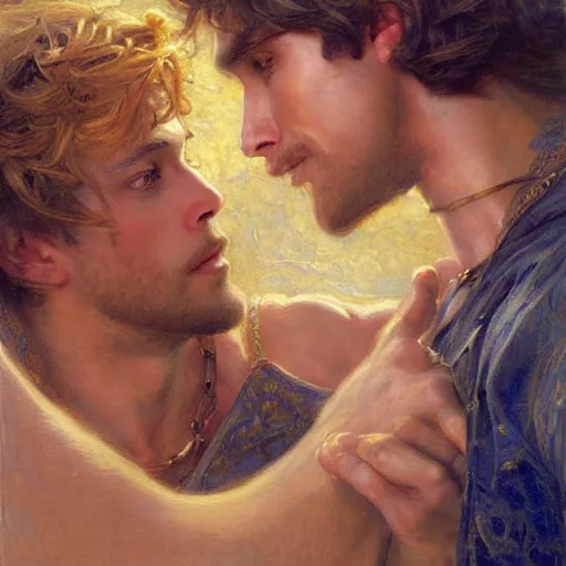 Prompt: attractive male arthur pendragon confesses his love to attractive male merlin. highly detailed painting by gaston bussiere, craig mullins, j. c. leyendecker 8 k