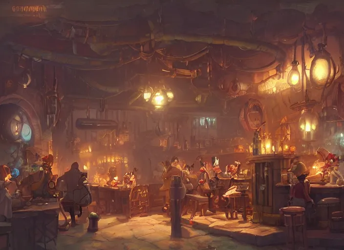 Image similar to A cheerful gnomish steampunk tavern, by Greg Rutkowski and James Gurney, trending on Artstation