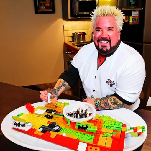 Image similar to guy fieri smiling ear to ear after making a lego food dish