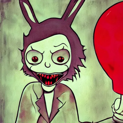 Image similar to grunge painting of bugs bunny with a wide smile and a red balloon by tim burton, loony toons style, pennywise style, corpse bride style, rick and morty style, creepy lighting, horror theme, detailed, elegant, intricate, conceptual