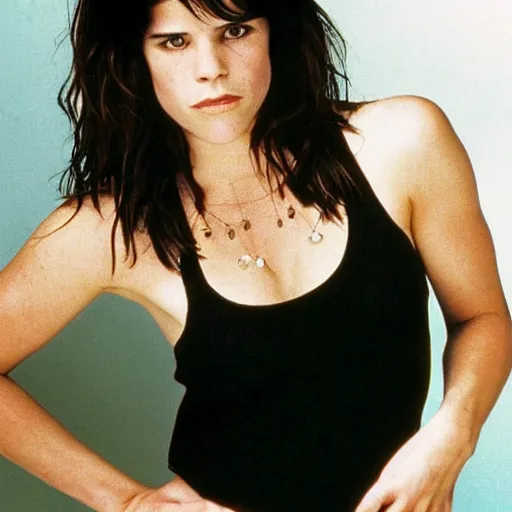 Prompt: young skinny actress Neve Campbell doing a late 1990s photoshoot