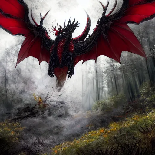 Prompt: cinematic shot of a black with red strips dragon flying over the forest with his wings white digital painting, artstation, concept art, soft light, hdri, smooth, sharp focus, illustration, fantasy, intricate, elegant, highly detailed, D&D, matte painting, in the style of Greg Rutkowski and Alphonse Mucha and artemisia, 8k, highly detailed, jurgens, rutkowski, bouguereau, pastoral, rustic, georgic