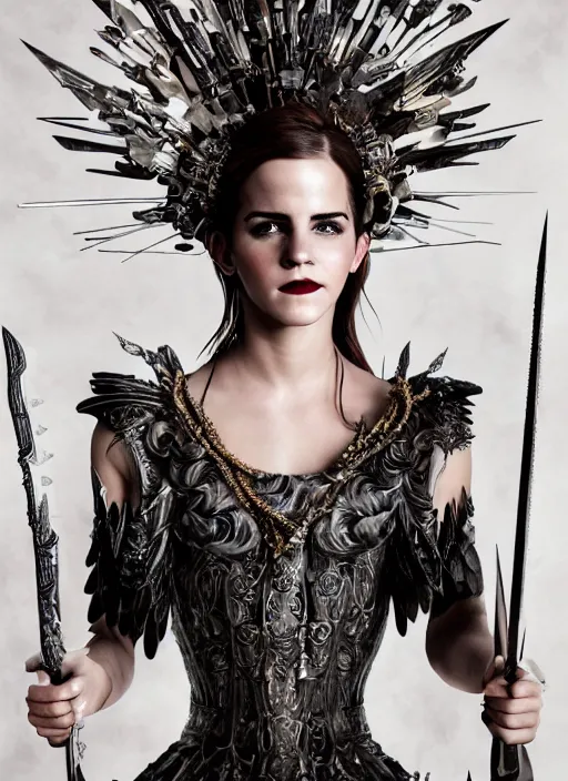 Image similar to expressive full body photo of a emma watson, headpiece made from knives, dress made of swords, glamour shot, by karol bak, by stefan gesell, photorealistic, canon r 3, fashion photography, hyper maximalist, elegant, ornate, luxury, elite, environmental portrait, symmetrical features, octane render, unreal engine, solid dark grey background, dramatic lights