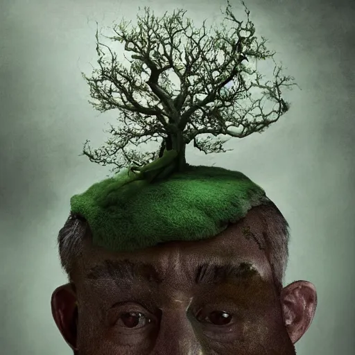 Image similar to a man in a green jacket with a tree on top of his head, a surrealist sculpture by kim keever, behance, pop surrealism, surrealist, dystopian art, whimsical